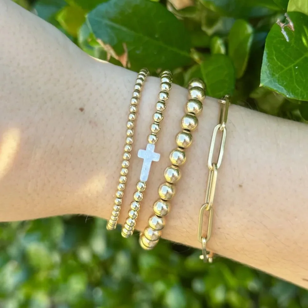 Matching Bracelet set Pearl Cross Non-Tarnish Gold Beaded Mommy & Me Matching